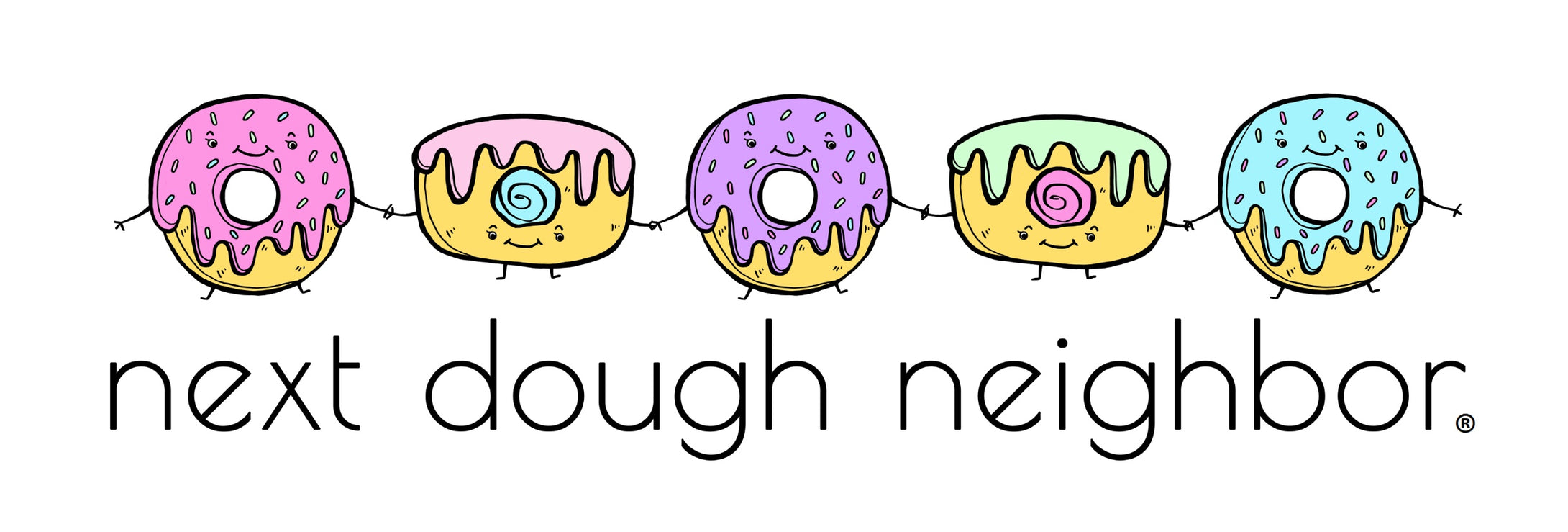 Donut neighbors holding hands, standing on top of the title "Next Dough Neighbor"."